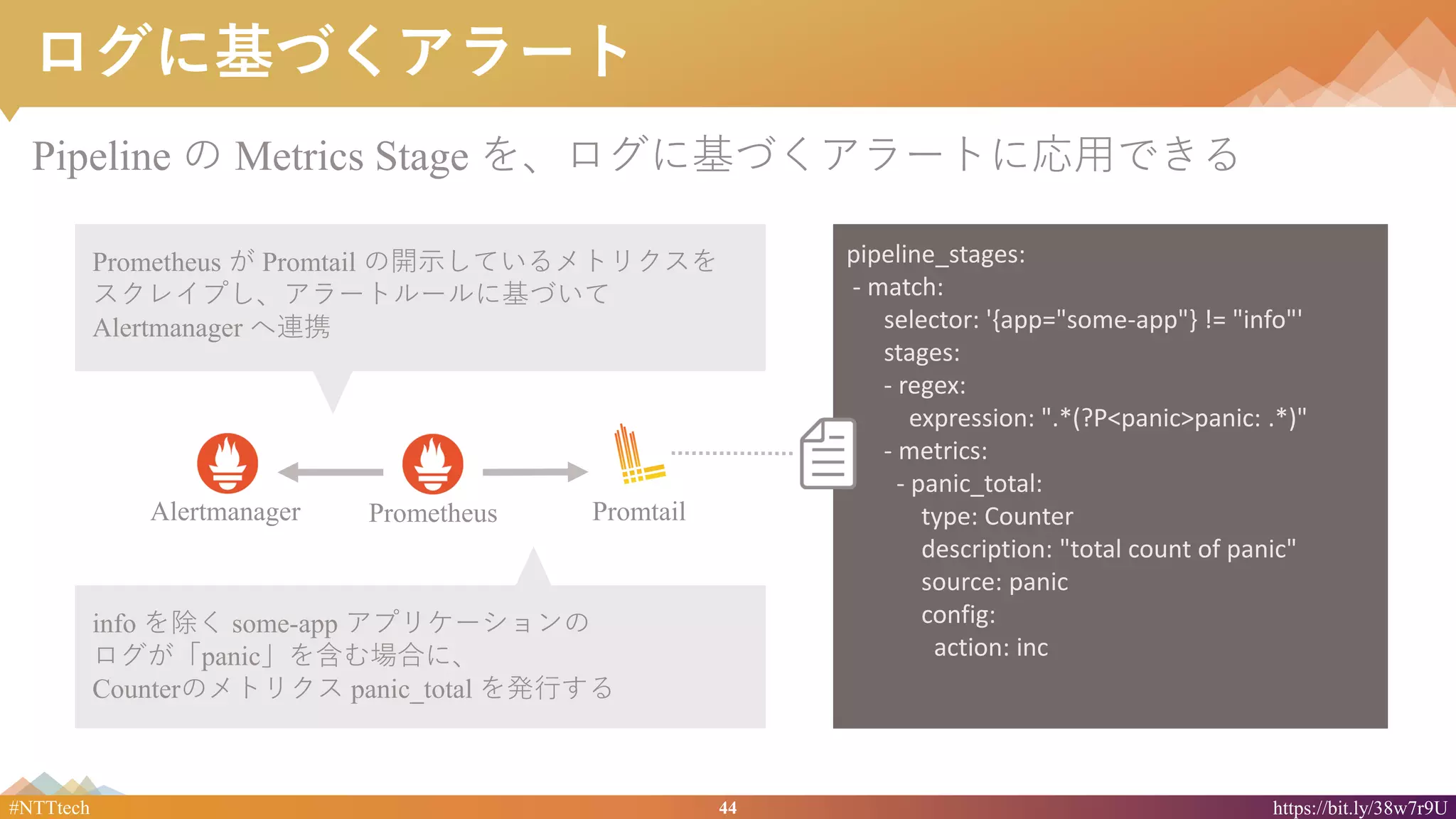 44#NTTtech https://bit.ly/38w7r9U
ログに基づくアラート
Pipeline の Metrics Stage を、ログに基づくアラートに応用できる
info を除く some-app アプリケーションの
ログが「panic」を含む場合に、
Counterのメトリクス panic_total を発行する
Alertmanager Prometheus Promtail
Prometheus が Promtail の開示しているメトリクスを
スクレイプし、アラートルールに基づいて
Alertmanager へ連携
pipeline_stages:
- match:
selector: '{app="some-app"} != "info"'
stages:
- regex:
expression: ".*(?P<panic>panic: .*)"
- metrics:
- panic_total:
type: Counter
description: "total count of panic"
source: panic
config:
action: inc
 