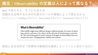 16#NTTtech https://bit.ly/38w7r9U
a㣺Observability ζxˤˤäƮʤ룿
how ׽ȡȤԤ
mԤ^뤿γ߶Ȥ`hˤäƮʤ뤫
ʤΤˤˤä Profiling 򺬤ꡢService Mesh 򺬤ꡢVisualization 򺬤ꤹ
פˤĿĤmԤξ@AĤʴ_ȤȤˉϤʤ
οhttps://www.oreilly.com/library/view/distributed-systems-observability/9781492033431
 