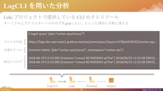 39#NTTtech https://bit.ly/38w7r9U
LogCLI ä
Loki ץȤṩƤ CLI Υĩ`
`ߥʥϤǥ饹٥ΥgrepȤäϤXʹ
$ logcli query '{job="cortex-ops/consul"}
https://logs-dev-ops-tools1.grafana.net/api/prom/query?query=%7Bjob%3D%22cortex-ops...
Common labels: {job="cortex-ops/consul", namespace="cortex-ops"}
2018-06-25T12:52:09Z {instance="consul-8576459955-pl75w"} 2018/06/25 12:52:09 [INFO] ...
2018-06-25T12:52:09Z {instance="consul-8576459955-pl75w"} 2018/06/25 12:52:09 [INFO] ...
???

ͨΥ٥

LogCLI Loki Promtail (target)
 