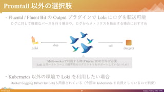 47#NTTtech https://bit.ly/38w7r9U
Promtail xk֫
?Fluentd / Fluent Bit  Output ץ饰 Loki ˥ܞͿ
ˌ}jʥѩ`ФϤ䡢ȥꥯϤˤ
?Kubernetes έh Loki ä
Docker Logging Driver for Loki⤵Ƥ루ؤ Kubernetes ǰȤƤΤǸۣ
ship tail
Loki (target)
Multi-workeräHWorker IDθ뤬Ҫ
Loki ͬһȥ`혲ͬΥȥ򥵥ݩ`ȤƤʤᣩ
 