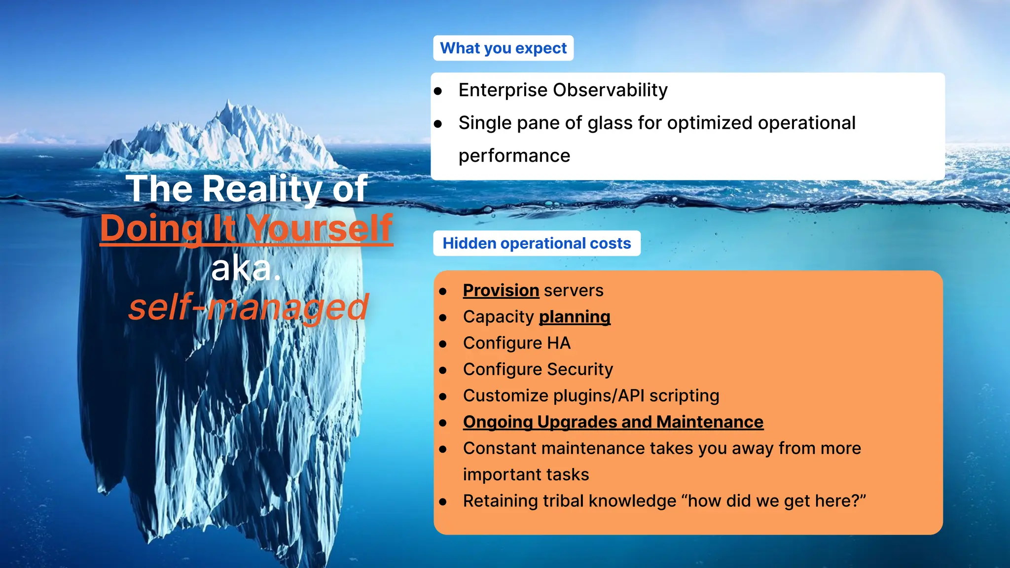 The Reality of
Doing It Yourself
aka.
self-managed
What you expect
Hidden operational costs
● Enterprise Observability
● Single pane of glass for optimized operational
performance
● Provision servers
● Capacity planning
● Configure HA
● Configure Security
● Customize plugins/API scripting
● Ongoing Upgrades and Maintenance
● Constant maintenance takes you away from more
important tasks
● Retaining tribal knowledge “how did we get here?”
 