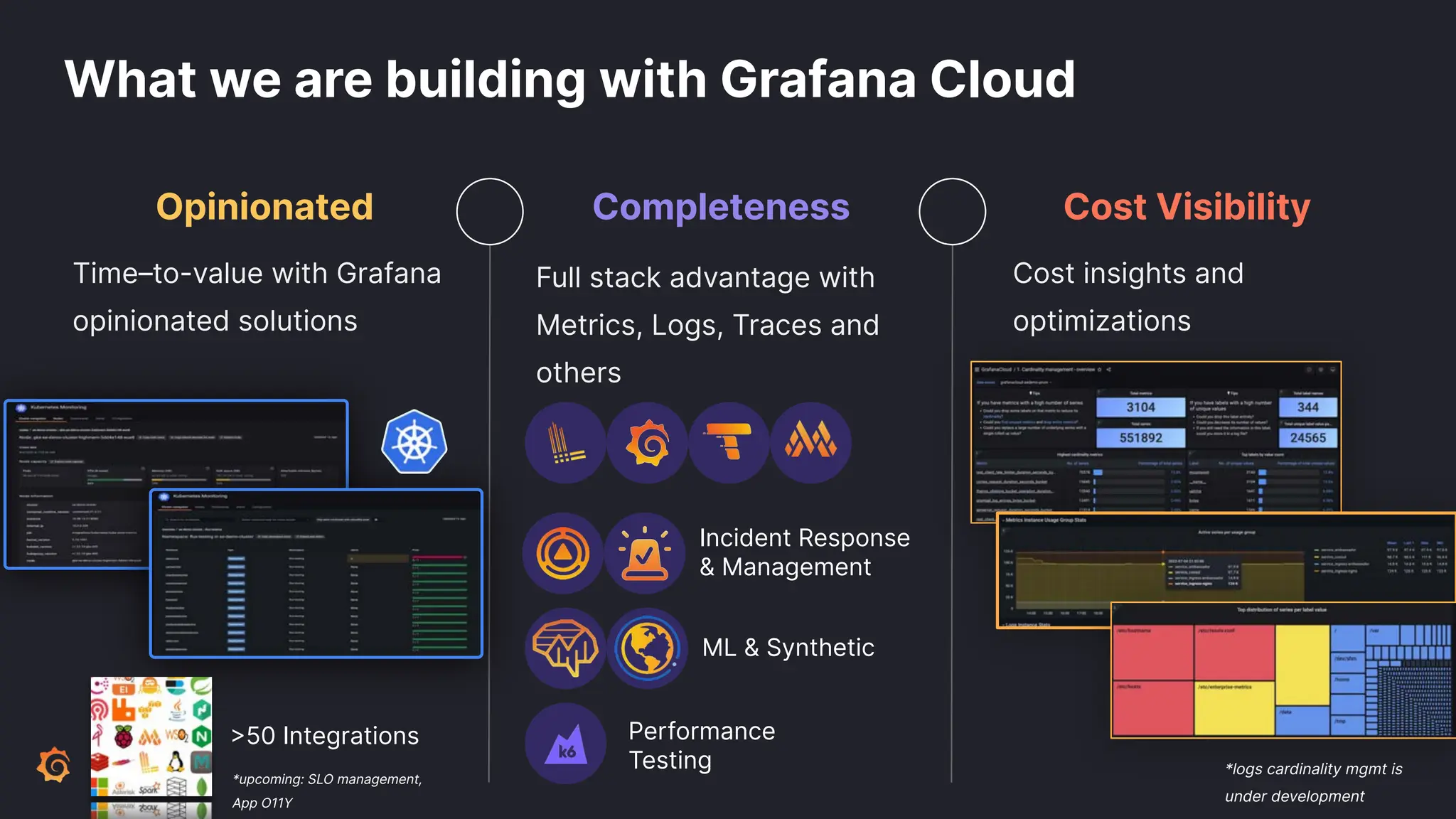 What we are building with Grafana Cloud
Opinionated Completeness Cost Visibility
Time–to-value with Grafana
opinionated solutions
Cost insights and
optimizations
Full stack advantage with
Metrics, Logs, Traces and
others
*logs cardinality mgmt is
under development
Incident Response
& Management
ML & Synthetic
Performance
Testing
>50 Integrations
*upcoming: SLO management,
App O11Y
 