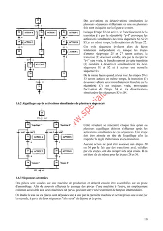 10
Des activations ou désactivations simultanées de
plusieurs séquences s'effectuant en une ou plusieurs
fois sont indiquées sur la figure ci-contre.
Lorsque l'étape 22 est active, le franchissement de la
transition (1) par la réceptivité "p=l" provoque les
activations simultanées des trois séquences SI, S2 et
S3, et en même temps, la désactivation de l'étape 22.
Ces trois séquences évoluent alors de façon
totalement indépendante et, lorsque les étapes
d'attente réciproque 25 et 27 seront actives, la
transition (2) devenant validée, dès que la réceptivité
"j=l" sera vraie, le franchissement de cette transition
(2) conduira à désactiver simultanément les deux
séquences SI et S2 et à activer une nouvelle
séquence S4.
De la même façon quand, à leur tour, les étapes 29 et
33 seront actives en même temps, la transition (3)
devenant validée sera immédiatement franchie car la
réceptivité (3) est toujours vraie, provoquant
l'activation de l'étape 34 et les désactivations
simultanées des séquences S3 et S4.
1.6.2 Aiguillages après activations simultanées de plusieurs séquences
Cette structure se rencontre chaque fois qu'un ou
plusieurs aiguillages doivent s'effectuer après les
activations simultanées de ces séquences. Une étape
doit être ajoutée en tête de l'aiguillage afin de
respecter la règle d'alternance étape-transition.
Aucune action ne peut être associée aux étapes 20
ou 30 par le fait que des transitions aval, validées
par ces étapes, ont des réceptivités déjà vraies. Il en
est bien sûr de même pour les étapes 28 et 36.
1.6.3 Séquences alternées
Des pièces sont usinées sur une machine de production et doivent ensuite être assemblées sur un poste
d'assemblage. Afin de pouvoir effectuer le passage des pièces d'une machine à l'autre, un emplacement
commun accessible aux deux machines est prévu, pouvant servir ultérieurement de tampon intermédiaire.
On étudie le cas où les pièces sont déposées une à une par la première machine et seront prises une à une par
la seconde, à partir de deux séquences "alternées" de dépose et de prise.
 