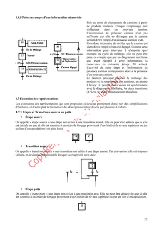 12
1.6.5 Prise en compte d'une information mémorisée
Soit un poste de chargement de camions à partir
de produits malaxés. Chaque remplissage doit
s'effectuer dans un nouveau camion.
L'information de présence camion n'est pas
suffisante car elle ne distingue pas le camion
venant d'être rempli d'un nouveau camion vide.
Il est donc nécessaire de vérifier que le camion qui
vient d'être rempli a bien été dégagé. Comme cette
information peut intervenir à n'importe quel
moment du cycle de mélange, elle ne peut être
prise en compte que par un diagramme auxiliaire
qui, étant réceptif à cette information, la
conservera en mémoire (étape 30 active).
L'activité de cette étape et l'information de
présence camion correspondra alors à la présence
d'un nouveau camion.
Le Grafcet principal assurant le mélange des
produits et le remplissage des camions, en attente
à l'étape 17, pourra alors évoluer en synchronisme
avec le diagramme auxiliaire, les deux transitions
(17) et (30) étant simultanément franchies.
1.7 Extension des représentations
Les extensions des représentations qui sont proposées ci-dessous permettent d'une part des simplifications
d'écritures, et d'autre part de formaliser des descriptions hiérarchisées par plusieurs Grafcets.
1.7.1 Etapes et Transitions sources ou puits
ƒ Étape source
On appelle « étape source » une étape non reliée à une transition amont. Elle ne peut être activée que si elle
est initiale ou que si elle est soumise à un ordre de forçage provenant d'un Grafcet de niveau supérieur ou par
un lien d’encapsulation (voir plus loin).
ƒ Transition source
On appelle « transition source » une transition non reliée à une étape amont. Par convention elle est toujours
validée, et deviendra franchissable lorsque la réceptivité sera vraie.
ƒ Etape puits
On appelle « étape puits » une étape non reliée à une transition aval. Elle ne peut être désactivée que si elle
est soumise à un ordre de forçage provenant d'un Grafcet de niveau supérieur ou par un lien d’encapsulation.
 