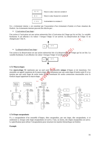 16
Un « événement interne » est constitué par l’association d’un événement d’entrée et d’une situation du
Grafcet ; les événements internes peuvent être décrits par :
ƒ L’activation d’une étape :
Une action à l’activation est une action mémorisée liée à l’activation de l’étape qui lui est liée. La variable
booléenne A est affectée à la valeur 1 lorsque l’étape 12 est activée. La désactivation de l’étape 12 ne
changera pas l´état A.
ƒ La désactivation d’une étape :
Une action à la désactivation est une action mémorisée liée à la désactivation de l’étape qui lui est liée. La
variable booléenne A est affectée à la valeur 1 lorsque l’étape 12 est désactivée.
1.7.3 Macro-étapes
Une macro-étape Mi représente par un seul carré un ensemble unique d’étapes et de transitions. Cet
ensemble est appelé expansion de la macro-étape. Elle commence par une seule étape d’entrée notée Ei et se
termine par une seule étape de sortie notée Si qui constituent les seules connexions structurelles avec le
Grafcet auquel appartient la macro-étape.
1.7.4 Etape encapsulante
Il y a encapsulation d’un ensemble d’étapes, dites encapsulées, par une étape, dite encapsulante, si et
seulement si, lorsque cette étape encapsulante est active, l’une, au moins, des étapes encapsulées est active.
Le spécificateur peut utiliser l’encapsulation pour structurer de manière hiérarchique un Grafcet.
Exemple
 