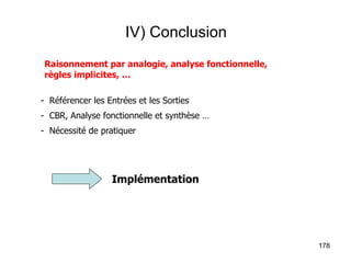 178
IV) Conclusion
Implémentation
- Référencer les Entrées et les Sorties
- CBR, Analyse fonctionnelle et synthèse …
- Nécessité de pratiquer
Raisonnement par analogie, analyse fonctionnelle,
règles implicites, …
 