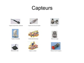 Capteurs
Capteur de proximité à ultrasons
Capteur d’humidité Détecteur de gaz
Capteur de niveau de liquide
Cellule photoélectrique
Détecteur de choc Capteur à contact
Bouton poussoir
Bouton d’arrêt d’urgence
 