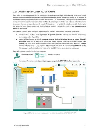 2 Los primeros pasos con el GRAFCET-Studio
© GRAFCET-Workbook 27
2.19 Simulación de GRAFCET con PLC-Lab-Runtime
Para todos los ejercicios de este libro se proporciona un sistema virtual. Cada sistema virtual tiene sensores (por
ejemplo, interruptores de proximidad) y accionadores (por ejemplo, motor, lámpara). El estado de los sensores se
escribe en las entradas y los valores de las salidas se transmiten a los accionadores. Esto significa que usted no debe
manipular las entradas a mano para simular el GRAFCET: Si por ejemplo un cilindro sale, entonces automáticamente
se presiona el sensor correspondiente en la posición final delantera y así también la entrada conectada al interruptor
del sensor. Así usted puede concentrarse totalmente en el GRAFCET y simulación - como en una puesta en marcha
virtual de la máquina.
Así que todo funciona según lo previsto por nosotros (los autores), además debe considerar lo siguiente:
• Iniciar GRAFCET-Studio y abra el proyecto de plantilla correcto. Entonces los símbolos necesarios y
operandos ya están disponibles.
• Iniciar PLC-Lab-Runtime y abra la maquina correcta desde el árbol del proyecto (modo GRAFCET-
Workbook). En la lista de selección de destino (ver imagen abajo)se tiene que estar conectado en “S7AG
(WinSPS-S7)” . Para iniciar la simulación del sistema virtual, necesita presionar el botón “Ejecutar”. Siempre
iniciar el sistema virtual y luego presione el botón “Ver” en la barra de herramienta de GRAFCET-Studio.
Así, se asegura que las entradas en el inicio de los GRAFCETs tienen las condiciones adecuadas.
Para cada ejercicio encontrará estas informaciones:
Nombre-xy.plclab Nombre-xy.grafcet
Con estas informaciones sabrá que máquina y que proyecto de GRAFCET-Studio es la correcta.
Imagen 2.59: PLC-Lab-Runtime en modo ejecución. Como destino está establecido “S7AG (WinSPS-S7)”.
PLC-Lab-Runtime
está en modo RUN
Mostrar todas las metas
Aquí tiene que estar
conectado en S7AG
(WinSPS-S7)
 
