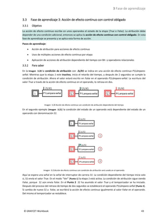 3 Fase de aprendizaje
© GRAFCET-Workbook 43
3.3 Fase de aprendizaje 3: Acción de efecto continuo con control obligado
3.3.1 Objetivo
La acción de efecto continuo escribe en unos operandos el estado de la etapa (True o False). La atribución debe
depender de una condición adicional, entonces se aplica la acción de efecto continuo con control obligado. En esta
fase de aprendizaje se presenta y se aplica esta forma de acción.
Pasos de aprendizaje:
• Acción de atribución para acciones de efecto continuo
• Usos de múltiples acciones de efecto continuo por etapa
• Aplicación de acciones de atribución dependiente del tiempo con Bit- y operadores relacionales
3.3.2 Para saber
En la Imagen 3.20 la condición de atribución con 2s/X1 se indica en una acción de efecto continuo P1Lámpara-
señal. Mientras que la etapa 1 este inactiva, inicia el retardo del tiempo, y después de 2 segundos se cumple la
condición de atribución. Ahora el valor estará escrito en False en el operando P1Lámpara-señal. La escritura del
valor True a través de la acción de efecto continuo en el operando, lo retrasa en dos.
Imagen 3.20 Acción de efecto continuo con condición de atribución dependiente del tiempo
En el segundo ejemplo (Imagen 3.21) la condición del estado de un operando está dependiente del estado de un
operando con denominación S1.
Imagen 3.21Acción de efecto continuo con condición de atribución será usado en el operando
Aquí se espera una señal en la señal de interruptor de carrera S1. La condición dependiente del tiempo inicia solo
si, S1 envía el valor True. En el modo “Ver” (Punto 1) la etapa 1 está activa. La condición de atribución sigue siendo
False, porque S1 aún envía False. En el Punto 2 S1 ha asumido el valor True y el temporizador se ha iniciado.
Después del proceso del retraso de tiempo de dos segundos se establecerá el operando P1Lámpara-señal (Punto 3).
Si cambia de nuevo S1 a False, se escribirá la acción de efecto continuo igualmente al valor False en el operando.
Del mismo el temporizador se restablece.
 