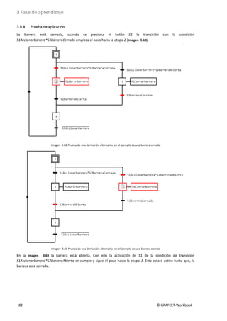 3 Fase de aprendizaje
82 © GRAFCET-Workbook
3.8.4 Prueba de aplicación
La barrera está cerrada, cuando se presiona el botón S1 la transición con la condición
S1AccionarBarrera*S3BarreraCerrada empieza el paso hacia la etapa 2 (Imagen 3.68).
Imagen 3.68 Prueba de una derivación alternativa en el ejemplo de una barrera cerrada
Imagen 3.69 Prueba de una derivación alternativa en el ejemplo de una barrera abierta
En la Imagen 3.69 la barrera está abierta. Con ello la activación de S1 de la condición de transición
S1AccionarBarrera*S2BarreraAbierta se cumple y sigue el paso hacia la etapa 3. Esta estará activa hasta que, la
barrera esté cerrada.
 