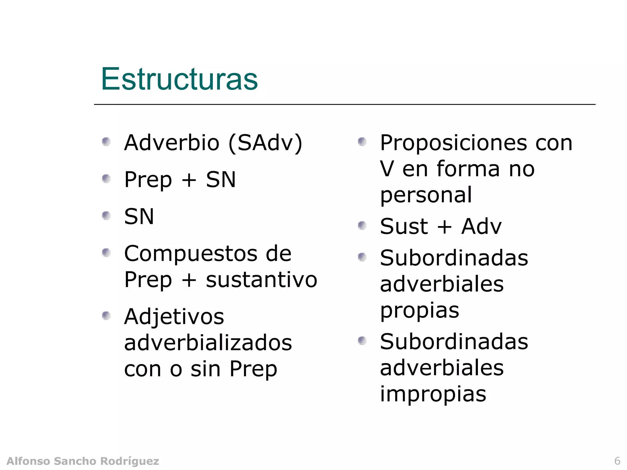 Estructuras
                  Adverbio (SAdv)     Proposiciones con
                  Prep + SN           V en forma no
                                      personal
                  SN                  Sust + Adv
                  Compuestos de       Subordinadas
                  Prep + sustantivo   adverbiales
                  Adjetivos           propias
                  adverbializados     Subordinadas
                  con o sin Prep      adverbiales
                                      impropias

Alfonso Sancho Rodríguez                                  6
 