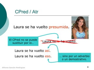 CPred / Atr


            Laura se ha vuelto presumida.


       El CPred no se puede
          sustituir por lo…
                              *Laura se lo ha vuelto.


             Laura se ha vuelto así.
             Laura se ha vuelto eso.      … sino por un adverbio
                                           o un demostrativo.


Alfonso Sancho Rodríguez                                      3
 