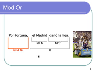 3 
Mod Or 
Por fortuna, el Madrid ganó la liga. 
SN S SV P 
O 
Mod Or 
E 
 
