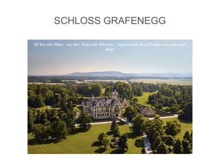 SCHLOSS GRAFENEGG
50 km von Wien · vor den Toren der Wachau · organisierter Bus-Shuttle von und nach
Wien
 