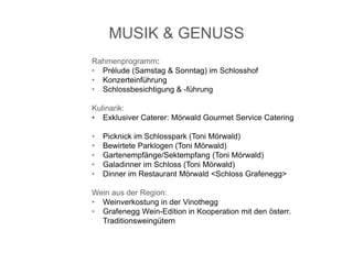MUSIK & GENUSS
Rahmenprogramm:
• Prélude (Samstag & Sonntag) im Schlosshof
• Konzerteinführung
• Schlossbesichtigung & -führung
Kulinarik:
• Exklusiver Caterer: Mörwald Gourmet Service Catering
• Picknick im Schlosspark (Toni Mörwald)
• Bewirtete Parklogen (Toni Mörwald)
• Gartenempfänge/Sektempfang (Toni Mörwald)
• Galadinner im Schloss (Toni Mörwald)
• Dinner im Restaurant Mörwald <Schloss Grafenegg>
Wein aus der Region:
• Weinverkostung in der Vinothegg
• Grafenegg Wein-Edition in Kooperation mit den österr.
Traditionsweingütern
 