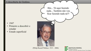 (Philip Russell Wallace. 1915 – 2006)
• 1947
• Primeiro a descobrir e
estudar
• Estudo superficial
A descoberta do Grafeno.
Hm... Tô aqui fazendo
nada... Também não vou
ficar fazendo nada né?!
 