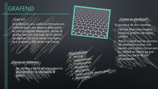 GRAFENO
¿Que es?
El grafeno es una sustancia formada por
carbono puro, con átomos dispuestos
en patrón regular hexagonal, similar al
grafito, pero en una hoja de un átomo
de espesor. Es cinco veces mas ligero
que el acero y 200 veces mas fuerte.
¿Como se obtiene?
Se obtiene a partir de una sustancia
abundante en la naturaleza, el
grafito.
Se produce de dos maneras:
• Lámina: Mas costosa pero
produce grafeno de mayor
calidad
• Polvo: Cuenta con un proceso
de obtención mucho más
barato, pero como consecuenc
su calidad es menor ya que
renuncia a parte de sus
propiedades.
¿Como se produce?
 