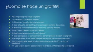 ¿Como se hace un graffiti? 
 Aquí 10 pasos para hacer un grafiti 
 1.- Comenzar con diseños simples. 
 2.- Dibujar en papel antes que en pared. 
 3.- Usar etiquetas para distinguir los colores de las latas de aerosol. 
 4.- Presionar suavemente la tapa de la lata para no dañarla. 
 5.- Usar tapas delgadas para los detalles. 
 6.-Usar tapas gruesas para firmar trabajos. 
 7.- Usar colores que se complementen para mantener el orden en el grafiti. 
 8.- Para grafiti en 3D las líneas siempre deben salir de la misma dirección. 
 9.- La sombra debe seguir la misma estructura en grafitis 3D y variar de 
tonalidad. 
 10.- Usar sólo un color o pocos colores cuando se pinta el boceto en la pared. - 
 
