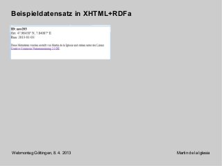 Beispieldatensatz in XHTML+RDFa




Webmontag Göttingen, 8. 4. 2013   Martin de la Iglesia
 