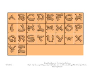 18/8/2013
Επιμέλεια:Ευγενία Σπετσιώτου-Μέλλιου
Πηγή: http://www.graffitipuuk.com/alphabet-font-in-different-style/graffiti-old-english-fonts-
letter-alphabet/
 
