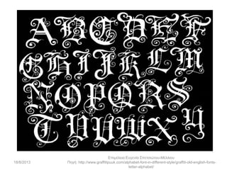 18/8/2013
Επιμέλεια:Ευγενία Σπετσιώτου-Μέλλιου
Πηγή: http://www.graffitipuuk.com/alphabet-font-in-different-style/graffiti-old-english-fonts-
letter-alphabet/
 