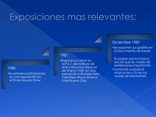 1980
•Su primera participación
en una exposición en
el Times Square Show
1981
•Expone sus obras en
la P.S.1 del Instituto de
Arte y Recursos Urbanos
de Nueva York, en una
exposición intitulada New
York/New Wave (Nueva
York/Nueva Ola)
Diciembre 1981
•Se exponen sus graffitis en
la Documenta de Kassel.
Su pasión por la música
era tal que en medio de
exhibiciones importantes
•comenzó a producir
música rap y DJ en los
clubes de Manhattan.
 
