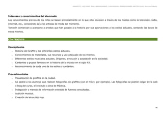 GRAFFITI, HIP HOP, RAP, BREAKDANCE. LAS NUEVAS EXPRESIONES ARTÍSTICAS. Eva Guil Walls




Intereses y conocimientos del alumnado
Los conocimientos previos de los niños se basan principalmente en lo que ellos conocen a través de los medios como la televisión, radio,
Internet, etc., conociendo así a los artistas de moda del momento.
También comienzan a acercarse a artistas que han pasado a la historia por sus aportaciones a los estilos actuales, sentando las bases de
estos mismos.


CONTENIDOS


Conceptuales
   –   Historia del Graffiti y los diferentes estilos actuales.
   –   Conocimientos de materiales, sus recursos y uso adecuado de los mismos.
   –   Diferentes estilos musicales actuales. Orígenes, evolución y aceptación en la sociedad.
   –   Cantantes y grupos famosos en la historia de la música en el siglo XX.
   –   Reconocimiento de cada uno de los estilos y cantantes.


Procedimentales
   –   Visualización de graffitis en la ciudad.
   –   Se pedirá a los alumnos que realicen fotografías de graffitis (con el móvil, por ejemplo). Las fotografías se podrán colgar en la web
       o blog del curso, el Instituto o área de Plástica.
   –   Indagación y manejo de información extraída de fuentes consultadas.
   –   Audición musical.
   –   Creación de letras Hip Hop.



                                                                                                                                                     46
 