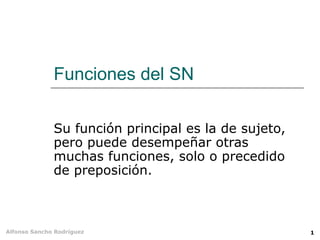 Funciones del SN Su función principal es la de sujeto, pero puede desempeñar otras muchas funciones, solo o precedido de preposición. 