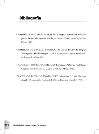 106
COMISSÃO BRASILEIRA DO BRAILLE. Código Matemático Unificado
para a Língua Portuguesa. Fundação Dorina Nowill para Cegos, São
Paulo, 1998.
COMISSÃO DE BRAILLE. Compêndio de Grafia Braille da Língua
Portuguesa – Braille Integral. 2ª ed. Associação de Cegos e Amblíopes
de Portugal, Lisboa, 1992.
FRANCISCO RODRIGO DOMÍNGUEZ. Escrituras y Alfabetos en Relieve.
Organización Nacional de Ciegos Españoles, Madri, 1980.
FRANCISCO RODRIGO DOMÍNGUEZ. Notación "U" del Sistema
Braille. Organización Nacional de Ciegos Españoles, Madri, 1978.
BiblioBiblioBiblioBiblioBibliogrgrgrgrgrafiaafiaafiaafiaafia
 