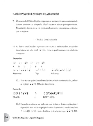 26
B. OBSERVAÇÕES E NORMAS DE APLICAÇÃO
9. Os sinais do Código Braille empregam-se geralmente em conformidade
com os preceitos da ortografia oficial e com os textos que representam.
No entanto, devem ter-se em conta as observações e normas de aplicação
que se seguem.
1 – Sinal de Letra Maiúscula
10. As letras maiúsculas representam-se pelas minúsculas precedidas
imediatamente do sinal . (46), com o qual formam um símbolo
composto.
Exemplos:
.A .B .C .D .E .F
A B C D E F
.Amazonas .Tejo .Atl*ntico
Amazonas Tejo Atlântico
10.1 Para indicar que todas as letras de uma palavra são maiúsculas, utiliza-
se o sinal .. (46 46) antes da primeira.
Exemplo:
..BRASIL e ..PORTUGAL
BRASIL e PORTUGAL
10.2 Quando o número de palavras com todas as letras maiúsculas é
superior a três, pode empregar-se antes da primeira o sinal composto
3.. (25 46 46) e antes da última o sinal composto .. (46 46).
 