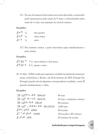 31
17.1 No caso de números fracionários em escrita abreviada, o numerador
pode representar-se pelos sinais da 5ª série e o denominador pelos
sinais da 1ª série, sem repetição do sinal de número.
Exemplos:
#3d 3/4 três quartos
#5f 5/6 cinco sextos
#1b 1/2 meio
17.2 Nos números mistos, a parte fracionária segue imediatamente a
parte inteira.
Exemplos:
#e#2c 5 2/3 cinco inteiros e dois terços
#d#1b 4 1/2 quatro e meio
18. O cifrão ;(56) é usado para expressar a unidade monetária de numerosos
países, incluindo-se o Brasil e, até 28 de fevereiro de 2002, Portugal. Em
Portugal, quando não há algarismo correspondente à unidade, o sinal #
precede imediatamente o cifrão.
Exemplos:
.R;#de1jj R$45,00 45 reais
.R;#aj1ej R$10,50 10 reais e cinqüenta centavos
.R;#j1hj R$0,80 80 centavos
.R;#a'jjj1jj R$1.000,00 1.000 reais
#de;jj 45$00 45 escudos
#aaj;hj 110$80 110 escudos e 80 centavos
#;ej 0$50 50 centavos de escudo
 