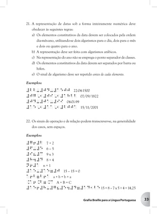 33
21. A representação de datas sob a forma inteiramente numérica deve
obedecer às seguintes regras:
a) Os elementos constitutivos da data devem ser colocados pela ordem
dia-mês-ano, utilizando-se dois algarismos para o dia, dois para o mês
e dois ou quatro para o ano.
b) A representação deve ser feita com algarismos arábicos.
c) Na representação do ano não se emprega o ponto separador de classes.
d) Os elementos constitutivos da data devem ser separados por barra ou
hífen.
e) O sinal de algarismo deve ser repetido antes de cada elemento.
Exemplos:
#bb-#jd-#aejj 22-04-1500
#jg,1#ji,1#ahbb 07/09/1822
#jd-#ja-#ii 04-01-99
#ae,1#aa,1#bjja 15/11/2001
22. Os sinais de operação e de relação podem transcrever-se, na generalidade
dos casos, sem espaços.
Exemplos:
#g6#b 7 + 2
#f-#e 6 – 5
#i8#c 9 x 3
#h4#d 8 ÷ 4
n6#a n + 1
#ae-#ae7#j 15 – 15 = 0
a6b7b6a a + b = b + a
.A6.B7.C A + B = C
#ae6#h-#g8#e4#d7#ad1be15 + 8 – 7 x 5 ÷ 4 = 14,25
 