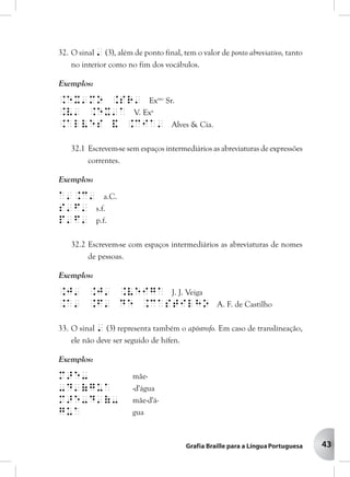 43
32. O sinal ' (3), além de ponto final, tem o valor de ponto abreviativo, tanto
no interior como no fim dos vocábulos.
Exemplos:
.Ex'mo .Sr' Exmo
Sr.
.V' .Ex'a V. Exa
.Alves & .Cia' Alves & Cia.
32.1 Escrevem-se sem espaços intermediários as abreviaturas de expressões
correntes.
Exemplos:
a'.C' a.C.
s'f' s.f.
p'f' p.f.
32.2 Escrevem-se com espaços intermediários as abreviaturas de nomes
de pessoas.
Exemplos:
.J' .J' .Veiga J. J. Veiga
.A' .F' de .Castilho A. F. de Castilho
33. O sinal ' (3) representa também o apóstrofo. Em caso de translineação,
ele não deve ser seguido de hífen.
Exemplos:
m>e- mãe-
-d'(gua -d'água
m>e-d'(- mãe-d'á-
gua gua
 