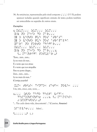 44
34. As reticências, representadas pelo sinal composto ''' (3 3 3), podem
aparecer isoladas quando significam omissão de texto; podem também
ser antecedidas ou seguidas de outros sinais.
Exemplos:
8.Zum''' zum''' zum'''
.L( no meio do mar'''
.= o vento que nos atrasa
.= o vento que nos atrapalha
.Para no porto chegar'''
.Zum''' zum''' zum'''
.L( no meio do mar'''8
<'.Cantiga popular,>
"Zum... zum... zum...
Lá no meio do mar...
É o vento que nos atrasa
É o vento que nos atrapalha
Para no porto chegar...
Zum... zum... zum...
Lá no meio do mar..."
(Cantiga popular)
.Um1 tr<s1 cinco1 sete1 nove1 '''
Um, três, cinco, sete, nove, ...
8''' .T>o cedo desta vida1
descontente6 '''8 <'.Cam[es1
9.Sonetos9,>
"... Tão cedo desta vida, descontente! ..." (Camões, Sonetos)
.Salve6''' Salve!...
<'''',> (...)
 