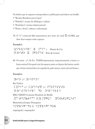 52
Os títulos que se seguem correspondem a publicações periódicas em braille:
• "Revista Brasileira para Cegos"
• "Poliedro", revista de tiflologia e cultura
• "Pontinhos", revista infanto-juvenil
• "Ponto e Som", cultura e informação
39. O “e” comercial (&) representa-se por meio do sinal & (12346), que
deve ficar sempre entre espaços.
Exemplos:
.Silveira & .Cia' Silveira & Cia.
.Brito & .Gomes Brito & Gomes
40. Os sinais ,1 (6 2) e _ (456) representam, respectivamente, a barra e a
barra vertical. Em geral, não há espaços antes ou depois das barras, sendo
que a barra vertical deve ser seguida de, pelo menos, meia cela em branco.
Exemplos:
.Rio,1.Lisboa
Rio/Lisboa
..MEC,1..SEESP,1.Comiss>o
.Brasileira do .Braille
MEC/SEESP/Comissão Brasileira do Braille
.Matem(tica_.L/ngua .Portuguesa
Matemática|Língua Portuguesa
empregado_ empregador
empregado| empregador
 