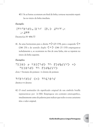 53
40.1 Se as barras ocorrerem em final de linha, torna-se necessário repeti-
las no início da linha imediata.
Exemplo:
.Decreto-.Lei .N'o #dif,1
,1#gg
Decreto-Lei Nº 496/77
41. As setas horizontais para a direita 3o (25 135), para a esquerda [3
(246 25) e de sentido duplo [3o (246 25 135) empregam-se
isoladamente e, se ocorrerem no fim de uma linha, não se repetem no
início da linha seguinte.
Exemplos:
cloro 6 brometo de pot(ssio 3O
CLORETO de pot(ssio
cloro + brometo de potássio → cloreto de potássio
direitos [3O deveres
direitos ↔ deveres
42. O sinal restituidor do significado original de um símbolo braille
representa-se por ; (56). Emprega-se em contexto estenográfico,
imediatamente antes de palavras para indicar que todos os seus caracteres
têm o valor original.
 