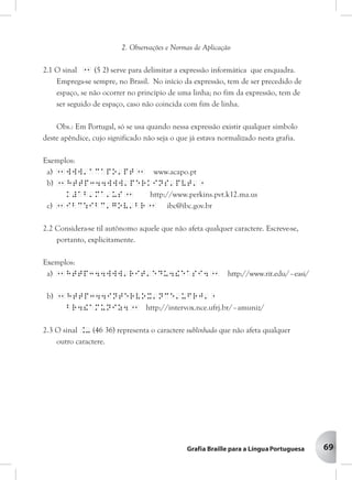 69
2.2 O sinal . (46) deve preceder o diacrítico autônomo. Considera-se
diacrítico autônomo aquele que não afeta qualquer caractere. Escreve-
se, portanto, explicitamente.
Exemplos:
"1http344www'rit'edu4."easi4"1
http://www.rit.edu/~easi/
"1http344intervox'nce'ufrj'br4"
."amuniz4"1 htpp://intervox.nce.ufrj.br/~amuniz/
2.3 O sinal .- (46 36) representa o caractere "sublinhado" que não afeta
qualquer outro caractere.
Exemplos:
"19'ex.-"1 *.ex_
"1www'braillenet'jussieu'fr4"
navigateur4braillesurf.-"
avec.-ie'exe"1
www.braillenet.jussieu.fr/navigateur/braillesurf_avec_ie.exe
"1http344www'lerparaver'com4"
mailinglist.-querersaber'html"1
http://www.lerparaver.com/mailinglist_querersaber.html
2.4 O sinal "- (5 36) indica o início e o fim de sublinhado, seja de um
caractere, seja de uma expressão.
2. Observações e Normas de Aplicação
2.1 O sinal "1 (5 2) serve para delimitar a expressão informática que enquadra.
Emprega-se sempre, no Brasil. No início da expressão, tem de ser precedido de
espaço, se não ocorrer no princípio de uma linha; no fim da expressão, tem de
ser seguido de espaço, caso não coincida com fim de linha.
Obs.: Em Portugal, só se usa quando nessa expressão existir qualquer símbolo
deste apêndice, cujo significado não seja o que já estava normalizado nesta grafia.
Exemplos:
a) "1WWW'ACAPO'PT"1 www.acapo.pt
b) "1HTTP344WWW'peRKINS'PVT'"
K#AB'MA'US"1 http://www.perkins.pvt.k12.ma.us
c) "1IBC:IBC'GOV'BR"1 ibc@ibc.gov.br
2.2 Considera-se til autônomo aquele que não afeta qualquer caractere. Escreve-se,
portanto, explicitamente.
Exemplos:
a) "1HTTP344WWW'RIT'EDU4!EASI4"1 http://www.rit.edu/~easi/
b) "1HTTP344intervox'nce'ufrj'"
br4!amuniz4"1 http://intervox.nce.ufrj.br/~amuniz/
2.3 O sinal .- (46 36) representa o caractere sublinhado que não afeta qualquer
outro caractere.
 