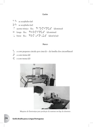 74
Latim
ae ae acoplados (æ)
oe oe acoplados (œ)
@ acento tônico Ex.: d@ominus (dominus)
3 longa Ex.: d3ominus (d:ominus)
, breve Ex.: dom,in,us (dom'in'us)
Sueco
* a com pequeno círculo por cima (å – da família dos circunflexos)
> a com trema (ä)
[ o com trema (ö)
Máquina de Esteriotipia para produção de matrizes em liga de alumínio
 