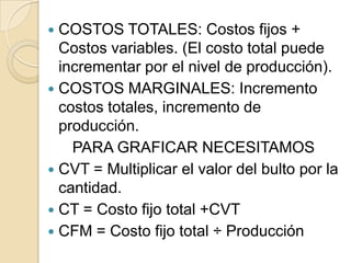 COSTOS TOTALES: Costos fijos +
Costos variables. (El costo total puede
incrementar por el nivel de producción).
 COSTOS MARGINALES: Incremento
costos totales, incremento de
producción.
PARA GRAFICAR NECESITAMOS
 CVT = Multiplicar el valor del bulto por la
cantidad.
 CT = Costo fijo total +CVT
 CFM = Costo fijo total ÷ Producción


 