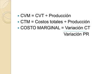 CVM = CVT ÷ Producción
 CTM = Costos totales ÷ Producción
 COSTO MARGINAL = Variación CT
Variación PR


 