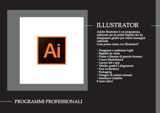 ILLUSTRATOR
PROGRAMMI PROFESSIONALI
Adobe Illustrator è un programma
utilizzato sia da artisti digitali che da
disegnatori graﬁci per creare immagini
vettoriali.
Cosa posso creare con Illustrator?
・Disegnare e realizzare loghi
・Biglietti da visita
・Poster e Stampe di grande formato
・Creare Illustrazioni
・Layout siti e app
・Tabelle, graﬁci e diagrammi
・Fyer (volantino)
・Packaging
・Disegno di cartoni animati
・Interfacce Graﬁche
E tanto altro!
 