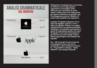 Pittogramma: Il pittogramma è una forma
di scrittura in cui il segno graﬁco
rappresenta un’immagine creata
dall’uomo per comunicare in modo
rapido e chiaro senza l’uso della parola
per attrarre l’attenzione su qualche cosa.
Un pittogramma si pone l’obiettivo di
essere il più possibile auto-esplicativo.
Logotipo: Il logotipo (dal greco λόγος –
logos che signiﬁca "parola" e τύπος –
typos che signiﬁca "lettera") è un segno
caratterizzato da una graﬁca particolare
(lettering) e che possiamo pronunciare: è
quindi la trasposizione graﬁca del nome
(il logotipo Coca-Cola è sicuramente il
più famoso ma anche Google, Yahoo!,
Disney appartengono alla categoria dei
logotipi)
Pay - Oﬀ: Il payoﬀ è la breve frase che
accompagna il nome e che serve a
comunicare i valori del Brand (“Just Do
It”, “Impossibile is nothing”, “Think
diﬀerent” sono esempi di payoﬀ)
 