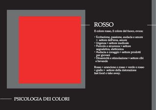 ROSSO
PSICOLOGIA DEI COLORI
Il colore rosso, il colore del fuoco, evoca:
・Eccitazione, passione, audacia e amore
> settore dell’eros, amore
・Urgenza > settore medicale
・Pericolo e sicurezza > settore
segnaletica, elettronica
・Audacia e coraggio > settore prodotti
per giovani
・Dinamicità e stimolazione > settore cibi
e bevande
Rosso + arancione o rosso + verde o rosso
+ giallo > settore della ristorazione
fast food o take away.
 