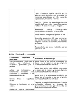 Crear y modificar objetos basados en los
objetos primitivos que permitan la creación de
elementos geométricos en 3D, cuidando
aspectos de iluminación y sombras.
Creación, manejo de herramientas para la
creación de líneas rectas y superficies curvas
y a través de ellas crear nuevas imágenes.
Representar objetos tridimensionales
elementales en perspectiva en la pantalla.
Aplicar librerías para generar gráficos en 3D.
Desarrollar aplicaciones 3D, para representar
las transformaciones aplicadas a diversos
polígonos y curvas, así como las proyecciones
requeridas.
Representación de formas matriciales de las
gráficas en 3D.
Unidad 4: Iluminación y sombreado
Competencia específica a
desarrollar
Actividades de Aprendizaje
Integrar equipos de trabajo para la
creación de soluciones a
situaciones planteados por el
profesor
Aplicar las instrucciones y
herramientas necesarias para
iluminación y sombreado a las
graficas desarrolladas
Eliminar líneas y superficies
ocultas.
Entender la iluminación en una
escena.
Renderizar objetos elementales
Aplicar fondo a las gráficas propuestas en
clases por el maestro y las que el propio
alumno diseñe de forma individual.
Aplicar iluminación a las gráficas propuestas
en clases por el maestro y las que el propio
alumno diseñe de forma individual.
Aplicar sombra a las gráficas propuestas en
clases por el maestro y las que el propio
alumno diseñe de forma individual.
Presentar un trabajo final de la aplicación de la
graficación utilizando un lenguaje de
programación propuesta por el maestro en
común acuerdo con los alumnos.
 