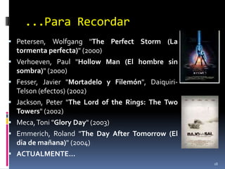 ...Para RecordarPetersen, Wolfgang "ThePerfect Storm (La tormenta perfecta)" (2000)Verhoeven, Paul "HollowMan (El hombre sin sombra)" (2000)Fesser, Javier "Mortadelo y Filemón", Daiquiri-Telson (efectos) (2002)Jackson, Peter "The Lord of theRings: TheTwoTowers" (2002)Meca, Toni "GloryDay" (2003)Emmerich, Roland "TheDayAfterTomorrow (El dia de mañana)" (2004)ACTUALMENTE…18