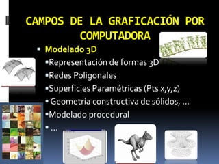 CAMPOS DE LA GRAFICACIÓN POR COMPUTADORAModelado 3DRepresentación de formas 3DRedes PoligonalesSuperficies Paramétricas (Ptsx,y,z) Geometría constructiva de sólidos, …Modelado procedural ...