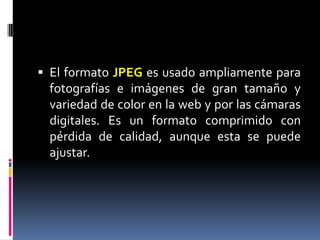 El formato JPEG es usado ampliamente para fotografías e imágenes de gran tamaño y variedad de color en la web y por las cámaras digitales. Es un formato comprimido con pérdida de calidad, aunque esta se puede ajustar. 