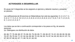 10
En grupo de 5 integrantes se les asignará un ejercicio y deberán resolver y presentar
en plenario.
Las calificaciones de 50 alumnos en Matemáticas han sido las siguientes: 5, 2, 4, 9, 7, 4,
5, 6, 5, 7, 7, 5, 5, 2, 10, 5, 6, 5, 4, 5, 8, 8, 4, 0, 8, 4, 8, 6, 6, 3, 6, 7, 6, 6, 7, 6, 7, 3, 5, 6, 9,
6, 1, 4, 6, 3, 5, 5, 6, 7.
Los datos que se dan a continuación corresponden a los pesos en Kg. de sesenta
personas:
(a) Obténgase una distribución de datos
60; 66; 77; 70; 66; 68; 57; 70; 66; 52; 75; 65; 69; 71; 58; 66; 67; 74; 61; 63; 69; 80; 59; 66;
70; 67; 78; 75; 64; 71; 81; 62; 64; 69; 68; 72; 83; 56; 65; 74; 67; 54; 65; 65; 69; 61; 67; 73;
57; 62; 67; 68; 63; 67; 71; 68; 76; 61; 62; 63.
ACTIVIDADES A DESARROLLAR.
 