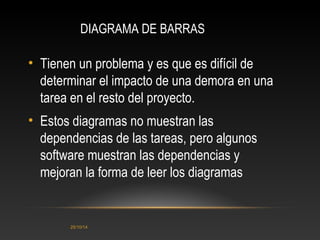 DIAGRAMA DE BARRAS 
• Tienen un problema y es que es difícil de 
determinar el impacto de una demora en una 
tarea en el resto del proyecto. 
• Estos diagramas no muestran las 
dependencias de las tareas, pero algunos 
software muestran las dependencias y 
mejoran la forma de leer los diagramas 
25/10/14 
