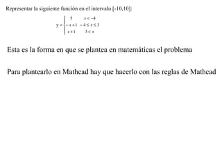 Representar la siguiente función en el intervalo [-10,10]: Esta es la forma en que se plantea en matemáticas el problema Para plantearlo en Mathcad hay que hacerlo con las reglas de Mathcad 